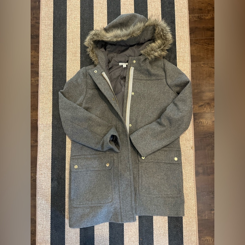 J. Crew Gray Hooded Coat with Faux Fur Trim